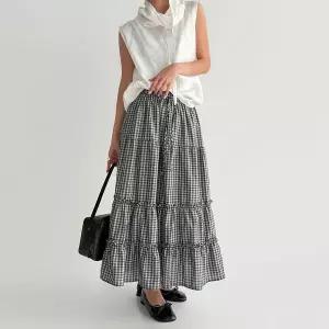 [하프클럽/옷자락]여자 여름 코튼 A라인 체크치마 캉캉 밴딩 롱스커트