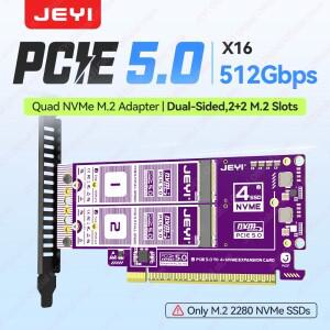 JEYI PCIe 5.0 X16 쿼드 M.2 확장 카드 512Gbps 지원 RAID 양면 슬롯 어댑터 SSD당 8TB 호환 4.0/3.0