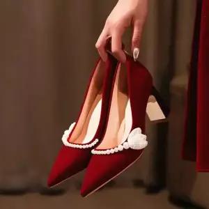 힐 여자하이힐 펌프스 스웨이드 토시 비즈 슈즈 통굽 웨딩 버건디 춘추 단화 ible3