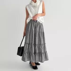 [신세계라이브쇼핑][옷자락] 여자 여름 코튼 A라인 체크치마 캉캉 밴딩 롱스커트