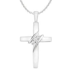 10 000 다이아몬드 쓰리 스톤 크로스 펜던트 목걸이 종교 보석 (0.05cttw I-J / I2-I3) 18