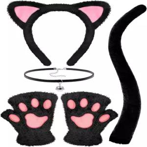 여성 할로윈 코스프레를 위한 QLINLEAP 블랙 고양이 의상 세트 귀 머리띠 장갑 꼬리