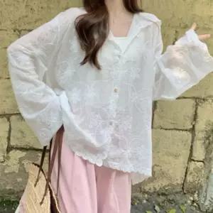 DUGNMARKT  플라워 자수 시스루 긴팔 후드 가디건 여성 여름 아우터 0421