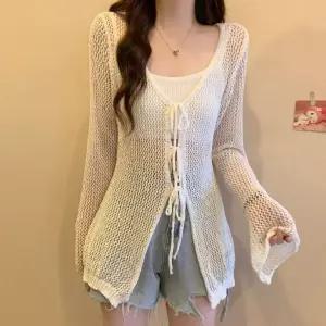 DUGNMARKT  여성 봄 여름 펀칭 긴팔 니트 가디건 캐주얼 카디건 0421