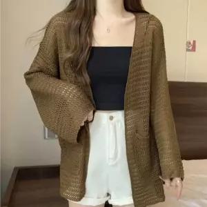 DUGNMARKT  엄마 여름 데일리 루즈 핏 오픈 가디건 그물 썸머 긴팔 여자 니트 얇은 룩 봄 웨어 쇼핑몰