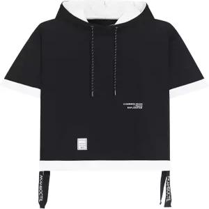 코비소티 남성 반팔 후드 소프트 코튼 컬러 블록 수분 위킹 빅 포켓 힙합 티셔츠 후디 스포츠