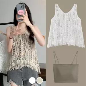 [라일리여성의류] Rly 빈티지 패턴 뷔스티에 레이어드 나시 조끼 세트