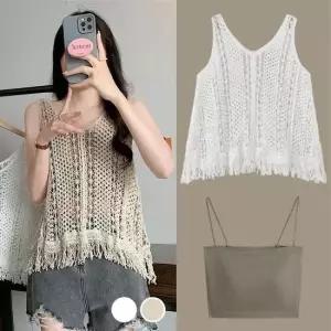 [라일리여성의류] Rly 빈티지 패턴 뷔스티에 레이어드 나시 조끼 세트