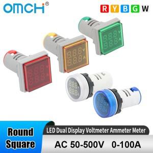 OMCH 1PCS 22MM AC 50-500V 0-100A 원형사각형 미니 LED 듀얼 디지털 디스플레이 미터 볼트 앰프 테스터 감