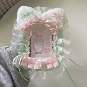 DIY 펜던트 고양이 귀   미니 소형 소형 카드 케이스 레이스 꽃 가장자리 학생 가방 스윗 키 체인  핑크