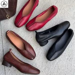 [텐바이텐][애슬릿]가죽 플랫 슈즈 스퀘어 발편한 키높이 데일리 단화 3cm