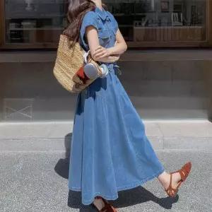 [아리엘스타일]데님셔츠 밴딩스커트 캐주얼투피스 도트민데님투피스