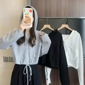 크롭 스트링 버튼후드티 꾸안꾸 캐주얼 데일리룩