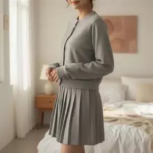 파스텔 니트 라운드 가디건 주름 미니 스커트 치마 세트