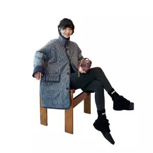 울 코트 블루체크 하프 루즈핏 레트로하프코트 여자 모직 롱 아우터 롱코트 오버핏 겨울 여성