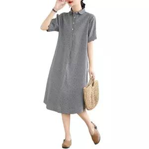 원피스 여친 롱 면 여름 빈티지 캐주얼 하객 마 드레스 반팔 카라넥 루즈핏 MF2