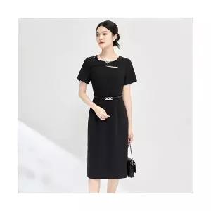 여사친 원피스 롱 오피스룩 여름 고품질 펀칭 날씬 하객 반팔 라운드넥 솔리드 MF2