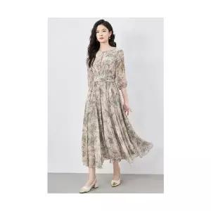 원피스 스커트 여자 롱 하계 하객 허리조임 플레어 셔링 쉬폰 드레스 7부소매 MF2