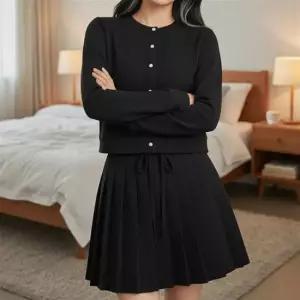 주름치마 미니스커트 긴팔 니트 가디건 세업 세트 상하의