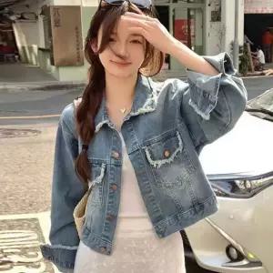 여성 크롭 스타일 수술 포인트 데님 캐주얼 청 자켓 잠바 항공 차이나 카라 여자 가죽