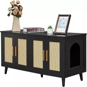 고양이 2마리를 위한 홈헤디 보호 쓰레기통 인클로저 이중 라탄 장식 도어가 있는 나무 화장실 가구 펫