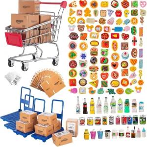 Vawuz 175PCS 미니어처 택배 상자 세트 쇼핑몰 배송 미니 슈퍼마켓 핸드카트 모델 1 12 음식 음료 병 캔
