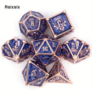 7 Pcs 다크 블루 해골 금속 주사위 솔리드 메탈 다면체 주사위 세트 롤 플레잉 RPG 보드 게임 카드 게임에