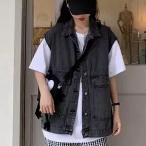 여성 대학생 봄 간절기 루즈핏 캐주얼 블랙 진 연 청 데님 조끼 베스트 레이어드룩