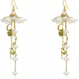 쉬지아 댕글 플라워 잎 귀걸이 화이트 요정 꽃 여름 달링 롱 태슬 릴리 오브 더 밸리 보석