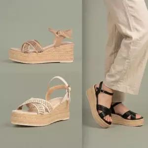 여성 플랫폼 에스파듀 펀칭 가보시 웨지힐 6cm 통굽 스트랩 샌들 LA7100P