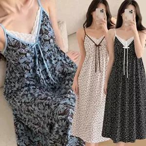 [모든GO]여성 끈원피스 잠옷 캡내장 꽃무늬 나시 파자마 라이오셀 레이스 홈드레스