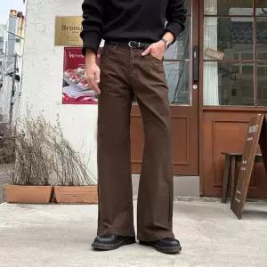 남자 플레어진 브라운 블랙 코튼 세미 부츠컷 팬츠