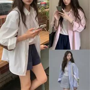[라일리여성의류] Rly 그라네아 여성 루즈핏 남방 화이트 블루 핑크 롱
