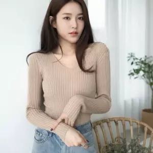 [라일리여성의류] Rly 베르 슬림핏 브이넥 골지 니트 슬림핏니트 데일리