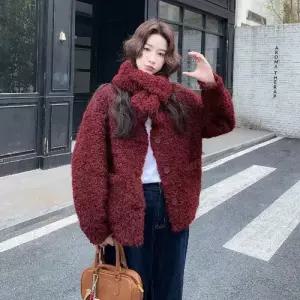 여사친 빈티지 모피 코트 와인 램스울 머플러 기모 도톰 퍼 일체형 상의 DUCHI1