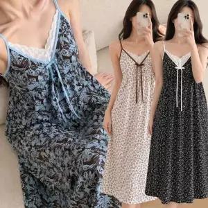 여성 끈원피스 잠옷 캡내장 꽃무늬 나시 파자마 라이오셀 레이스 ...