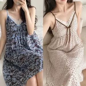 여성 캡내장 레이스 나시 원피스 라이오셀 꽃무늬 롱원피스 홈웨...