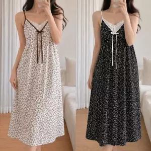 여성 캡내장 롱 슬립 원피스 잠옷 라이오셀 레이스 나시 홈드레스