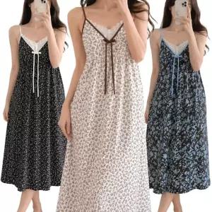 여자 캡내장 라이오셀 슬립 원피스 잠옷 여름 레이스 나시 플라워