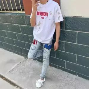 바지 남자 청 레드 버전 앵클 스팽글 찢어진 하이 스트릿 자수 스판 배기핏 MODU1