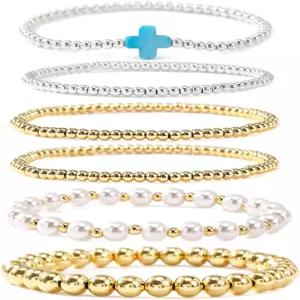 SHINUS BOHO 14K 골드 도금 진주 구슬 크로스 브레이슬릿 스택 세트 스트레치 보호 컬러 크리스찬 비즈 볼
