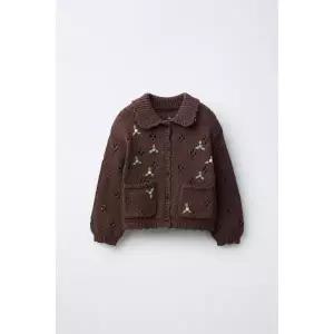 zara 자라 EMBROIDERED KNIT CARDIGAN - Chocolate
