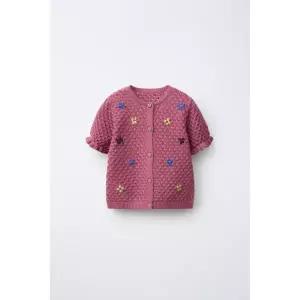 zara 자라 CARDIGAN WITH EMBROIDERED FLOWERS - Raspberry