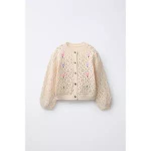 zara 자라 CUTWORK KNIT CARDIGAN WITH EMBROIDERED FLOWERS - Ecru