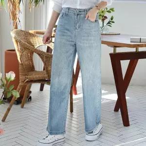 [하프클럽/옷자락]여자 봄 스판 연청 세미와이드핏 뒷밴딩 데일리 청바지