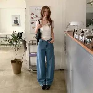 여자 중청 진 넓은 커브드 봄여름 팬츠