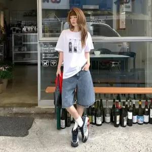 여자 SS 그레이 진 넓은 버뮤다 워싱 팬츠