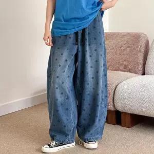 여자 뒷절개 고무줄 워싱 키치 와이드핏 도트팬츠 청바지
