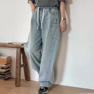 여자 컷아웃 고무줄 박스 와이드핏 건빵 큰주머니 청바지