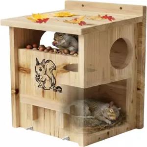 MrHN 다람쥐 집 - 외부 둥지 상자 칩멍크 더블 도토리 (소형)을 위한 간단한 조립 2 in 1 및 모이통 (Small) Brown Small